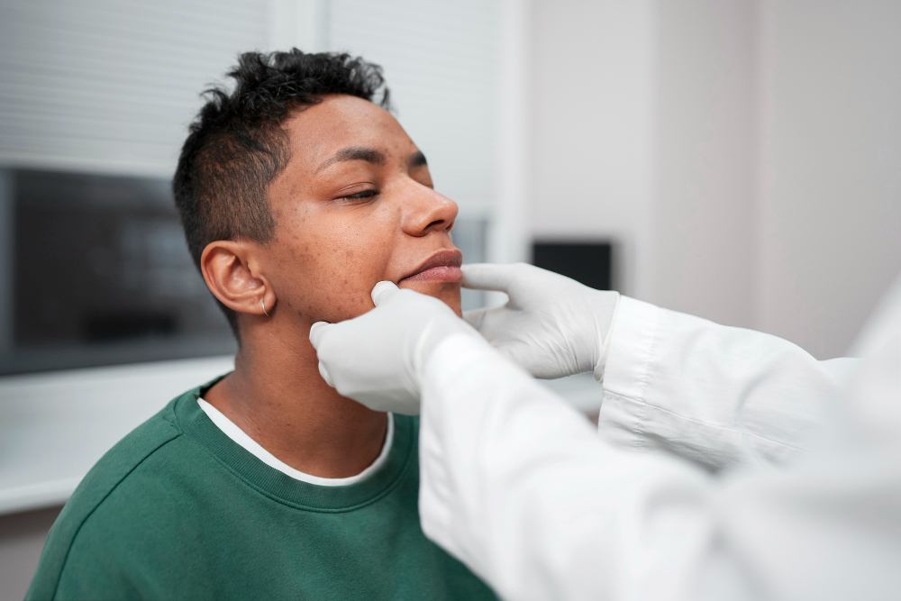 A patient's nose and face being examined